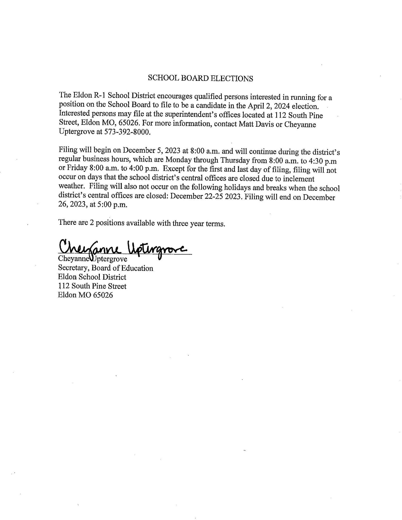 Board Candidate Public Notice Eldon School District